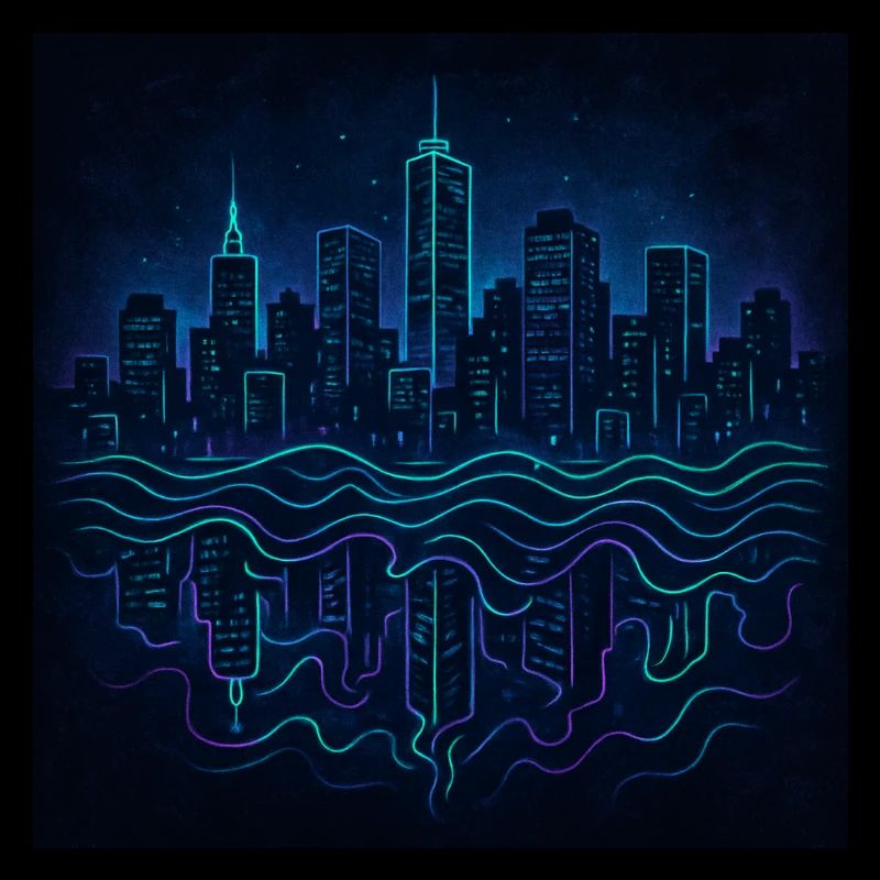 Neon Skyline mit Spiegelung