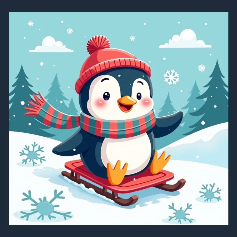 Laughing penguin on the sleigh – winter fun