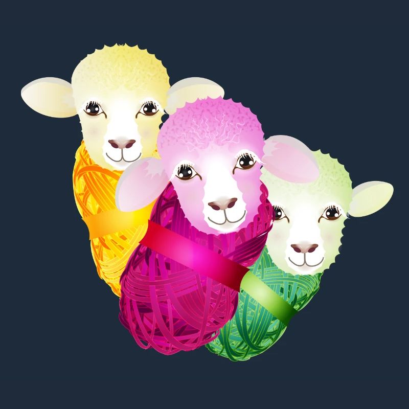 three colourful sheep with colour-coordinated wool