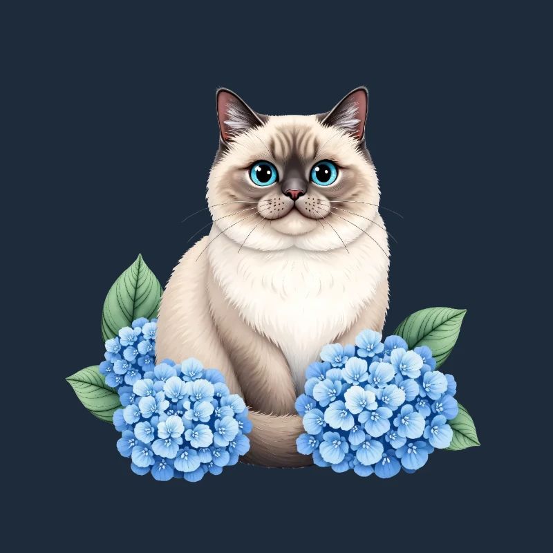Cute Ragdoll Cat with Blue Hydrangeas