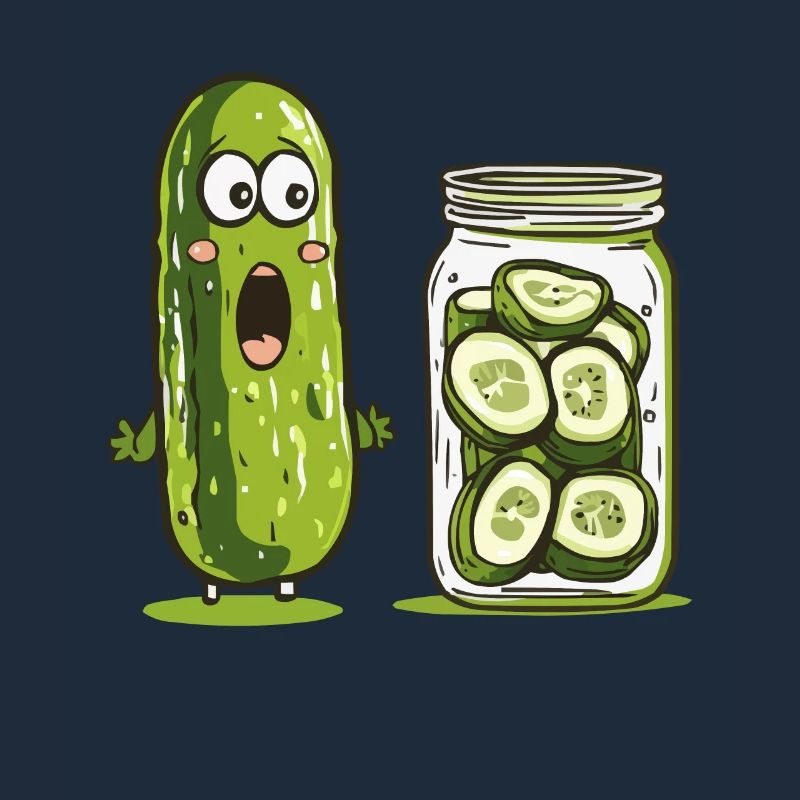 Funny cucumber marvels at pickled relatives
