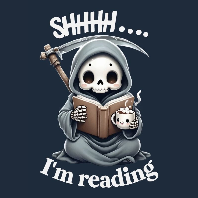 Sensenmann liest ein Buch mit Kaffee