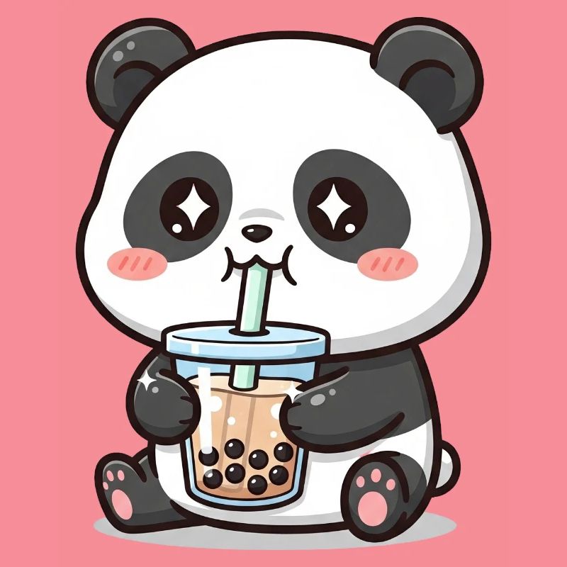 Cuddly panda bear with bubble tea