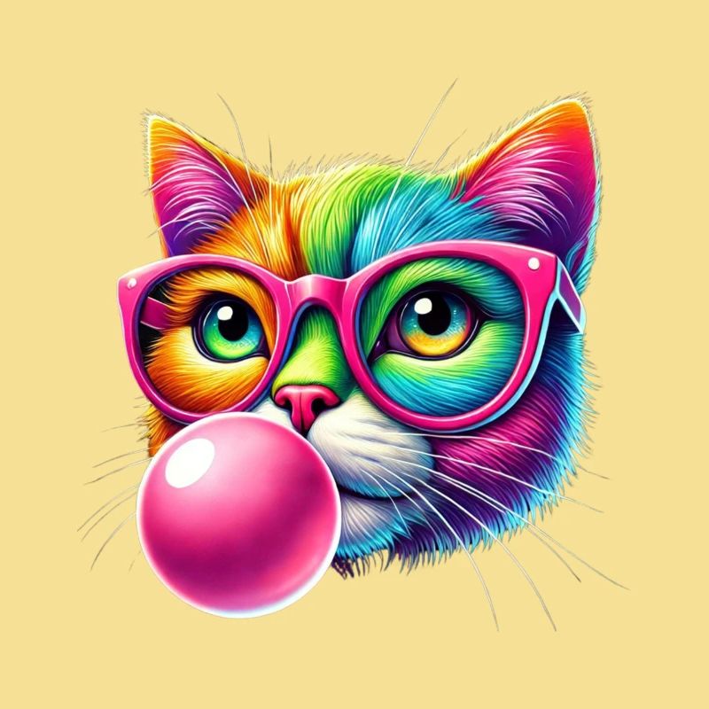 Bunte Katze mit Brille und Kaugummi-Design