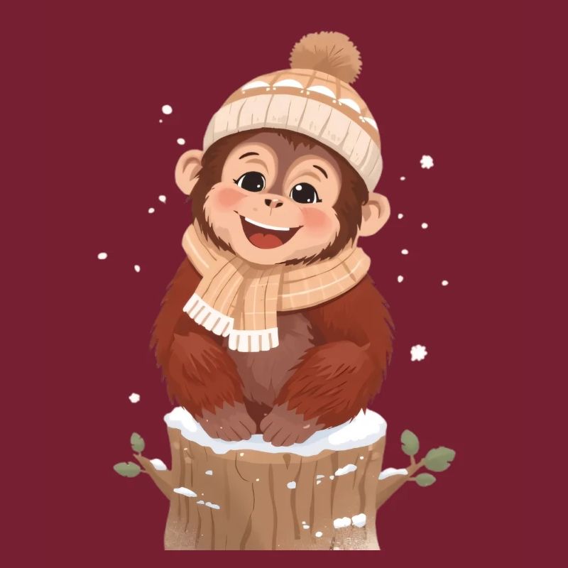 Winter monkey on tree stump