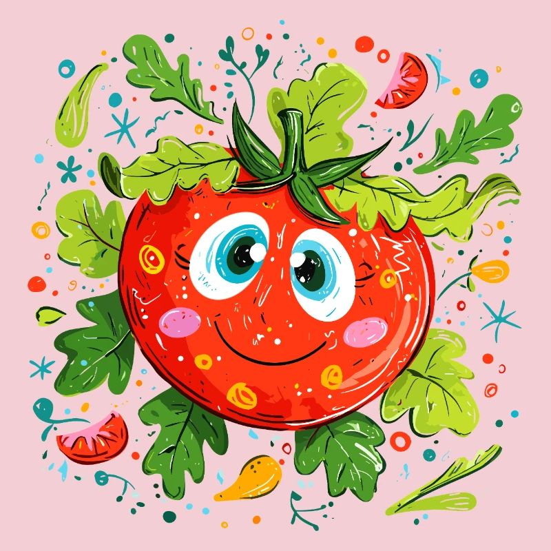 Cheerful tomato in green pattern