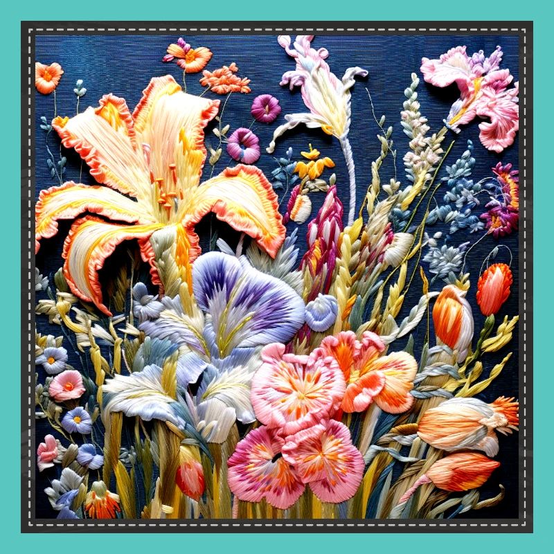 Blumenmuster in Sticktechnik auf Dunkelblau 