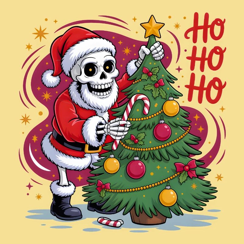 Skeleton Santa decorates tree