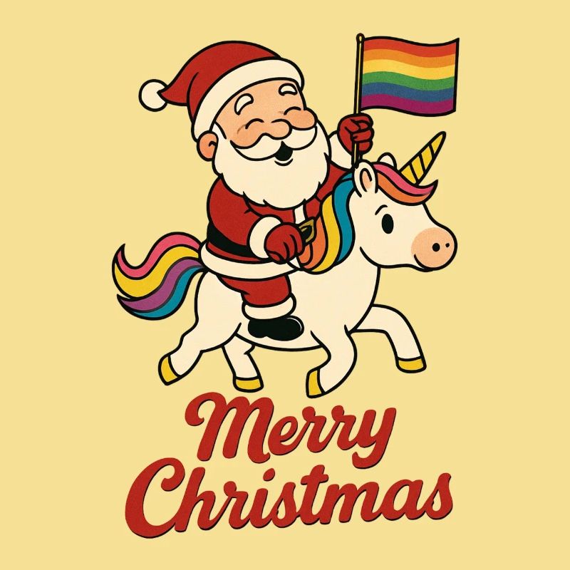 Weihnachtsmann auf Einhorn mit Regenbogenfahne