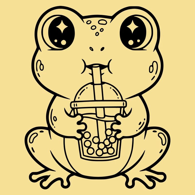 Cute Frog with Bubble Tea Line Art Design