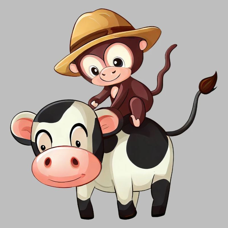 Monkey rides a cow on safari
