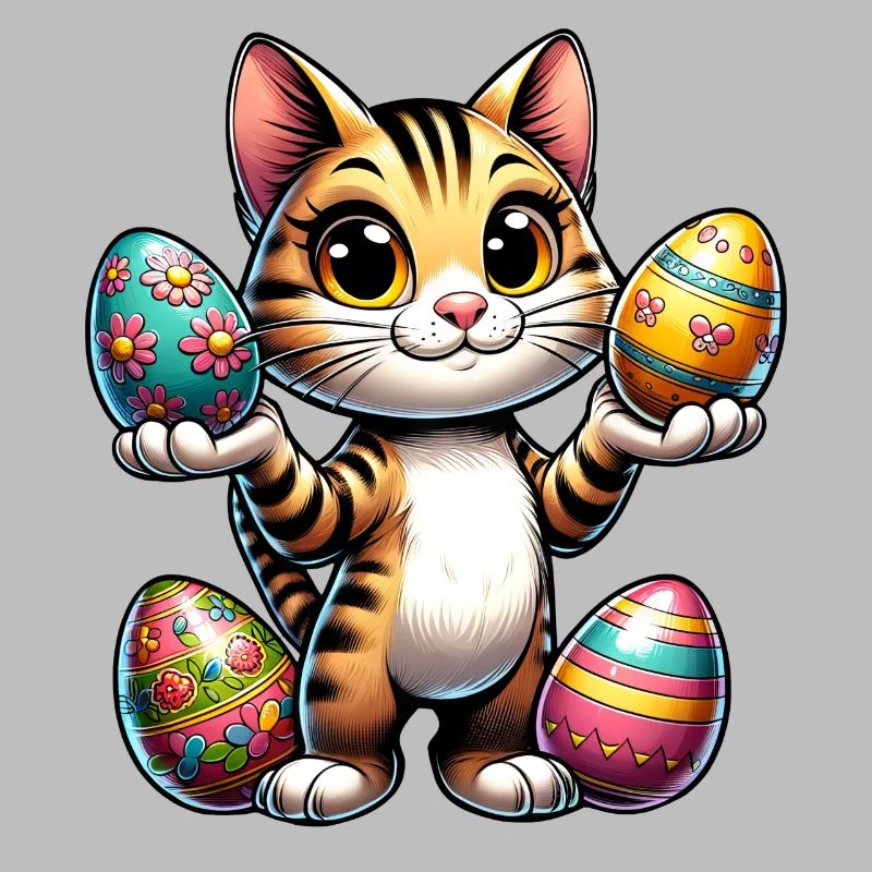 Easter Cat with Colorful Eggs