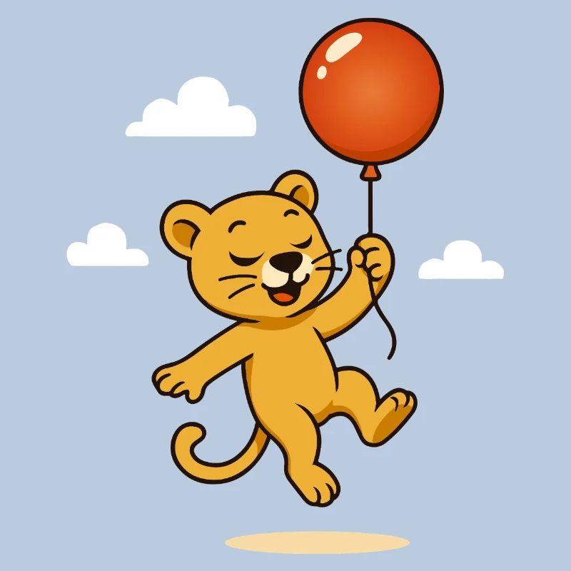 Fröhlicher Löwe mit Ballon schwebt durch die Lüfte