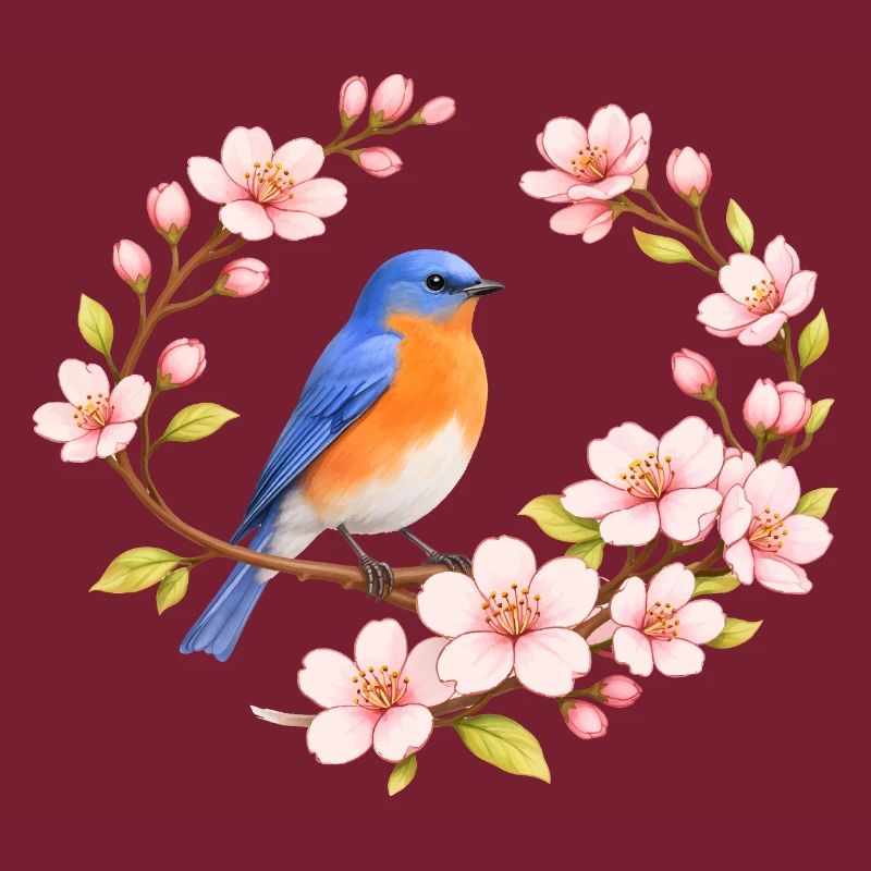 Bluebird with cherry blossom spring motif