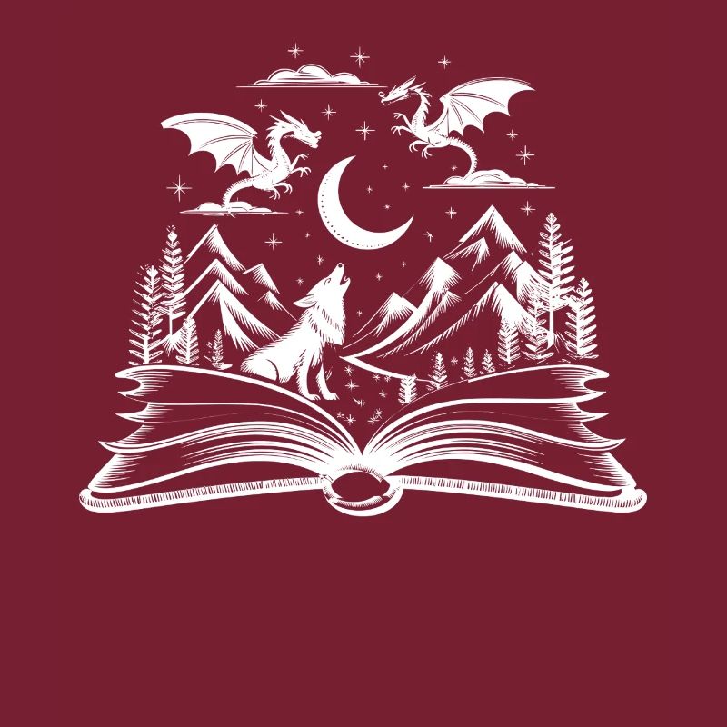 Fantasiewelt der Drachen und Wölfe bei Nacht mit