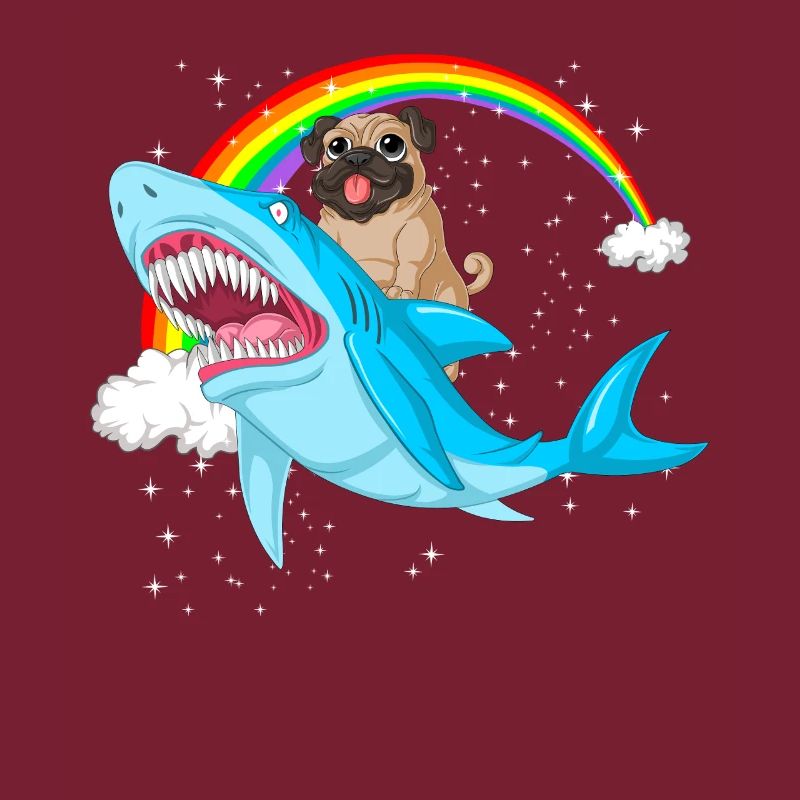 pug riding shark rainbow 