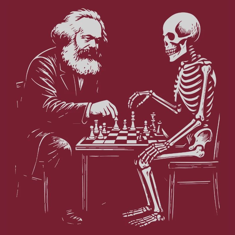 Karl Marx plays chess with skeleton