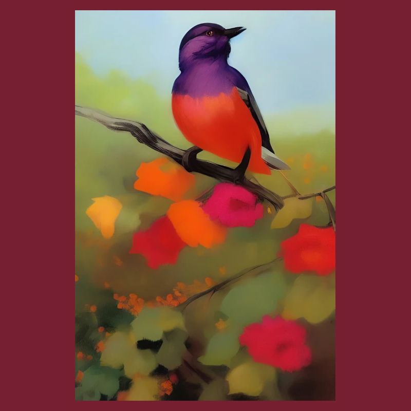 Oiseau sur branche avec des fleurs colorées