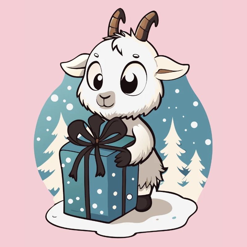 Cute goat unwrapping gift