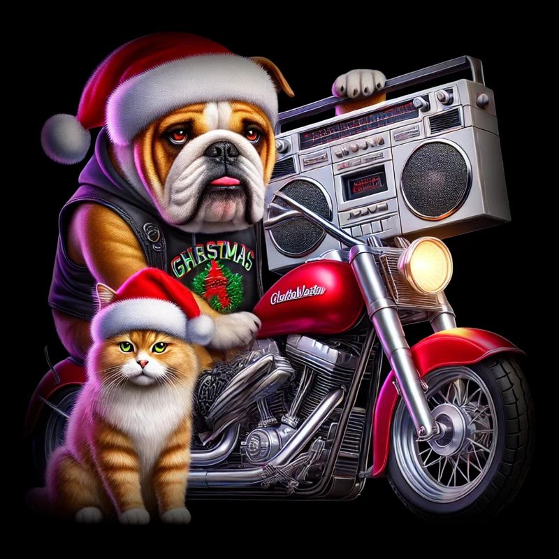 Chat de Noël et bouledogue à vélo