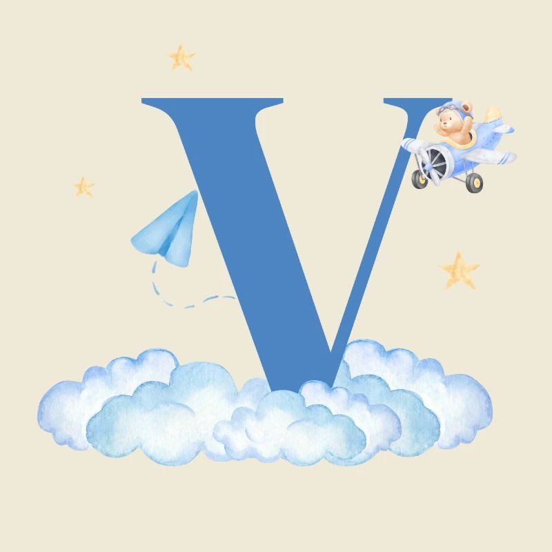 Letter V Blue Clouds Airplane Child