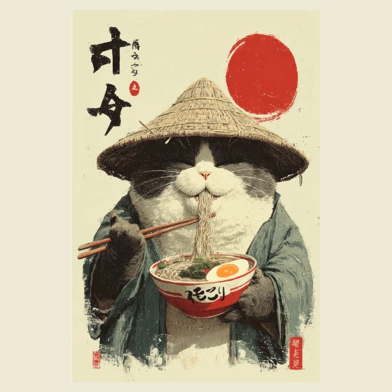 Samurai Cat Eating Ramen
