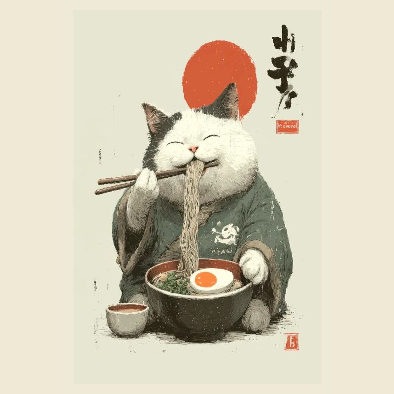 Samurai-Katze schlürft Ramen