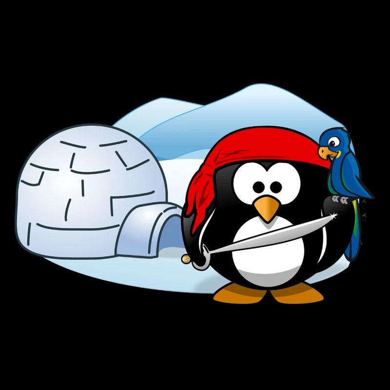 Pirate penguin with sword, parrot and igloo.