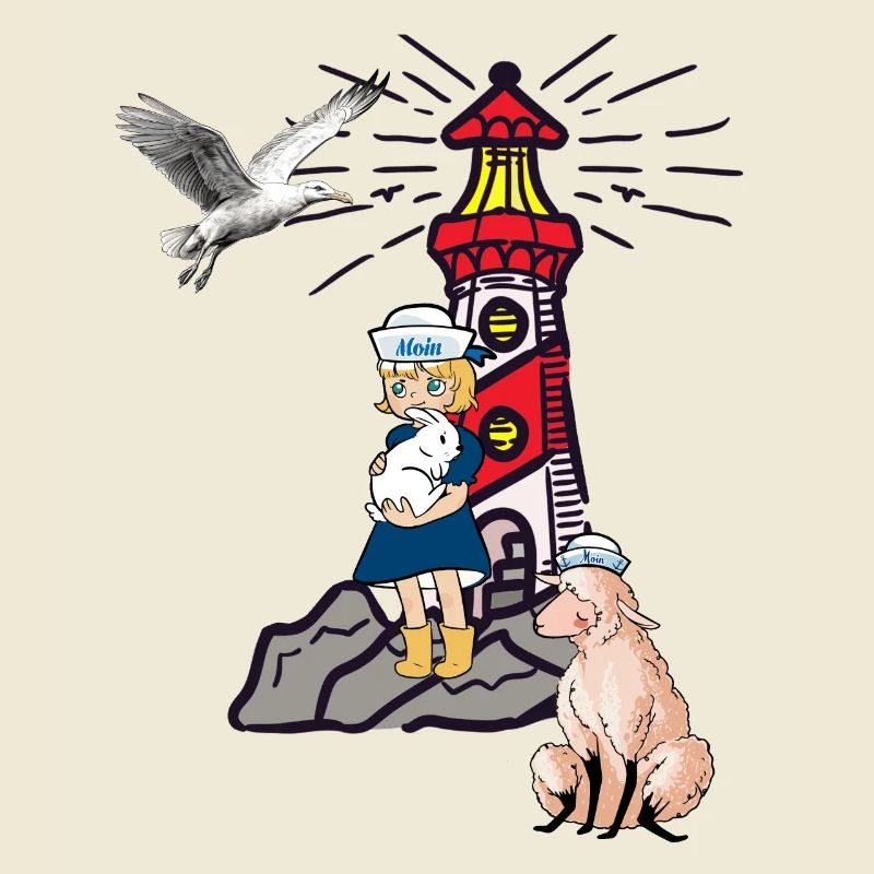 maritim Mädchen Leuchtturm Möwe Schaf Küste Moin