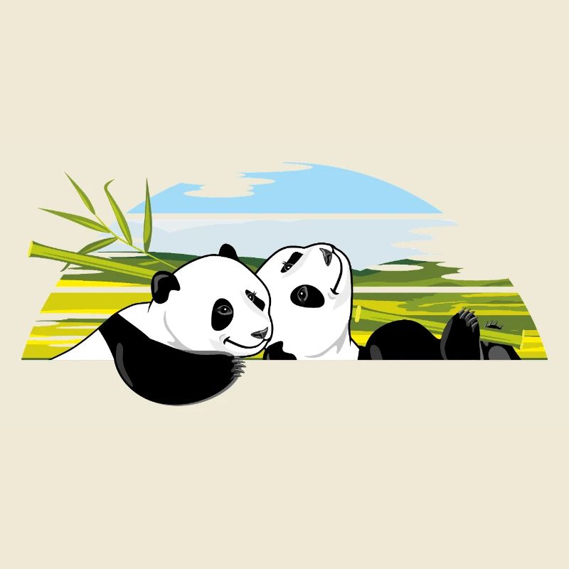 Two happy panda cubs with a bamboo branch