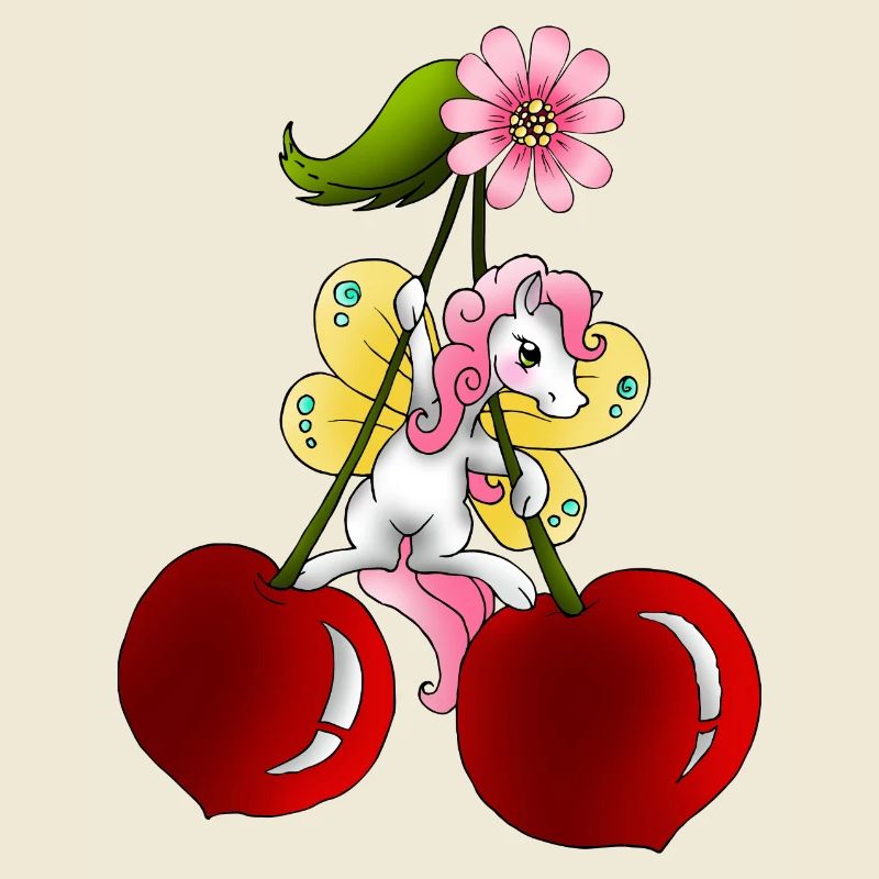 Poney fée sur cerise avec des fleurs de cerisier