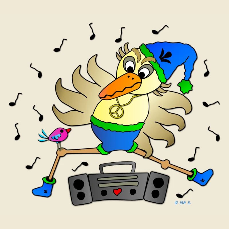 Schräger Vogel Tänzer mit Ghettoblaster Fun Comic