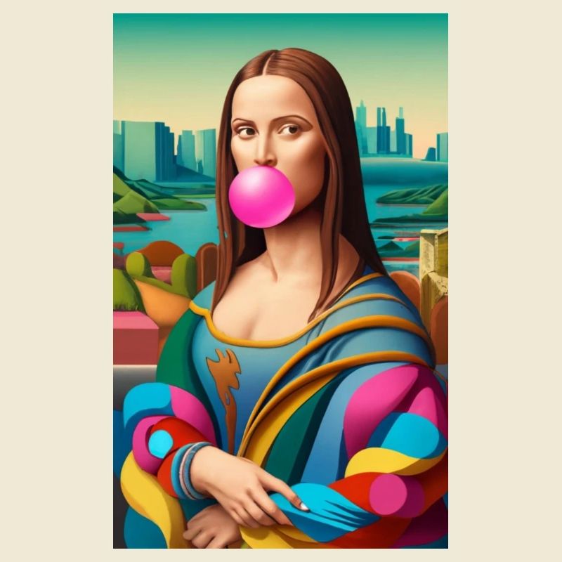 Mona lisa as a model 80s style with bubble gum