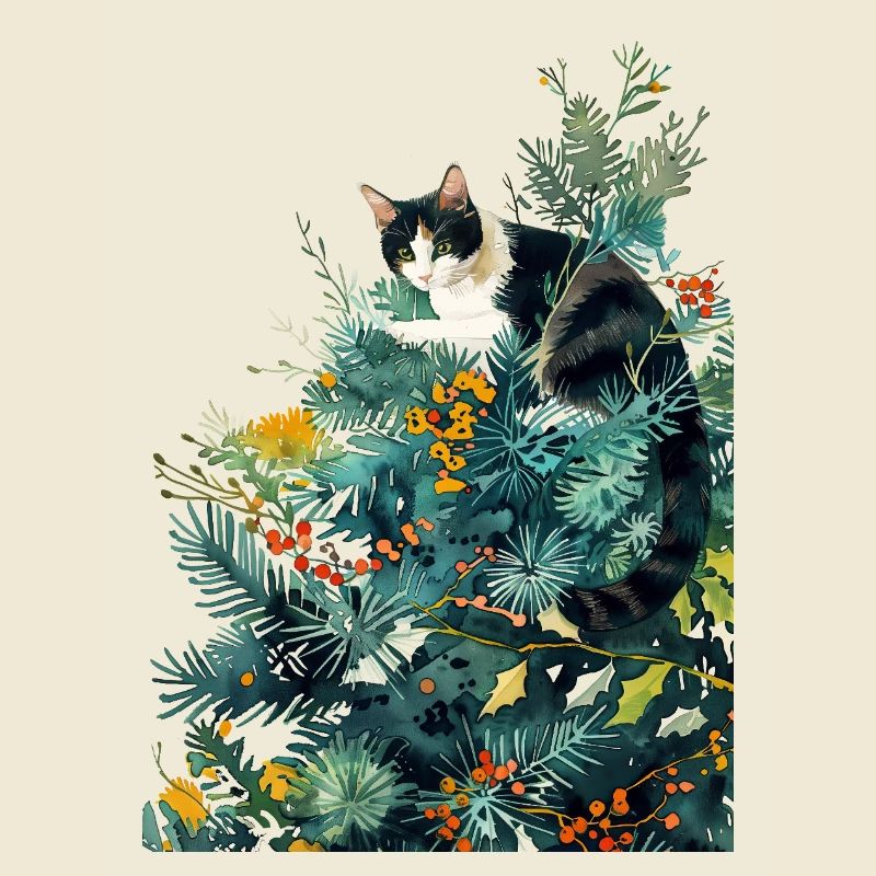 Chat sur le sapin de Noël