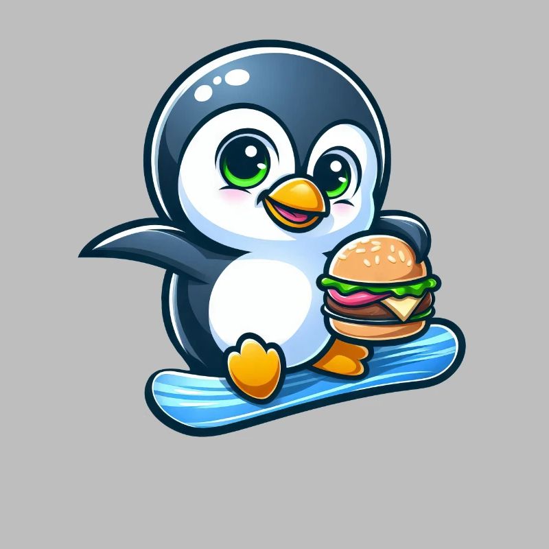 Cool penguin snowboarder with burger