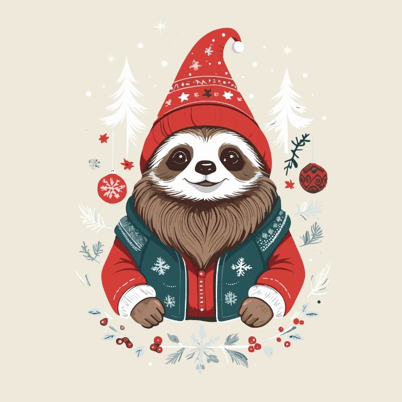 Christmas sloth in winter forest