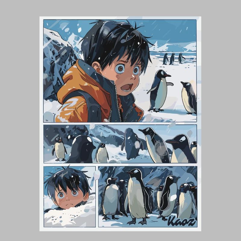 Garçon perdu et pingouins dans le style de la bande dessinée