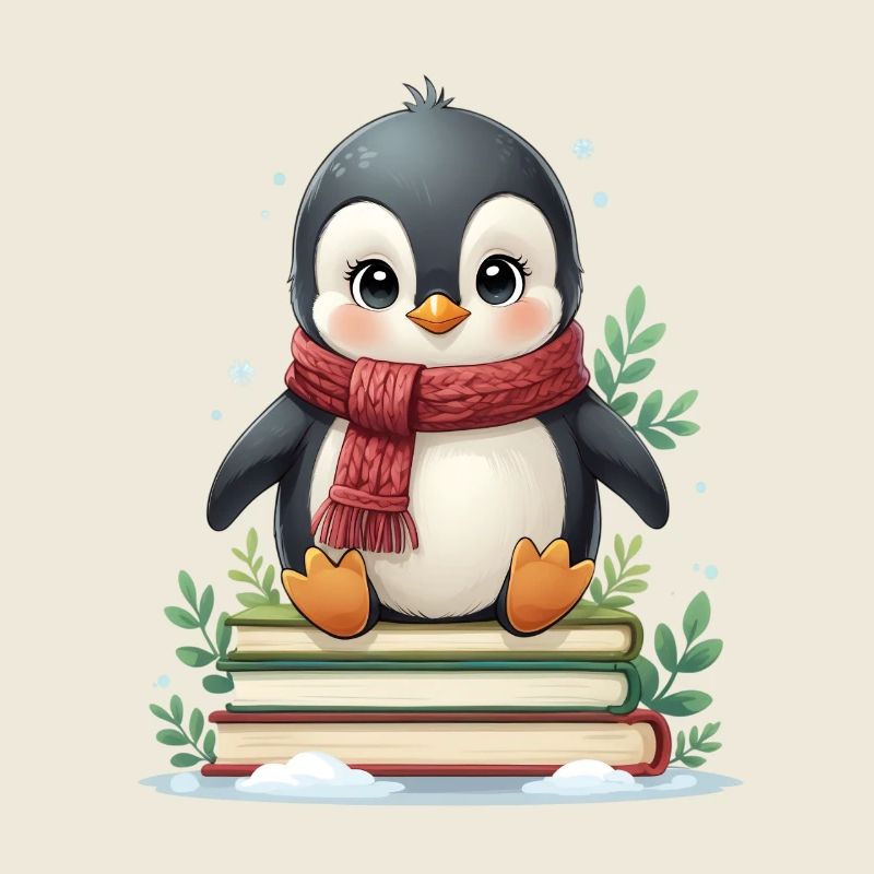 Pingouin sur la pile de lecture en hiver