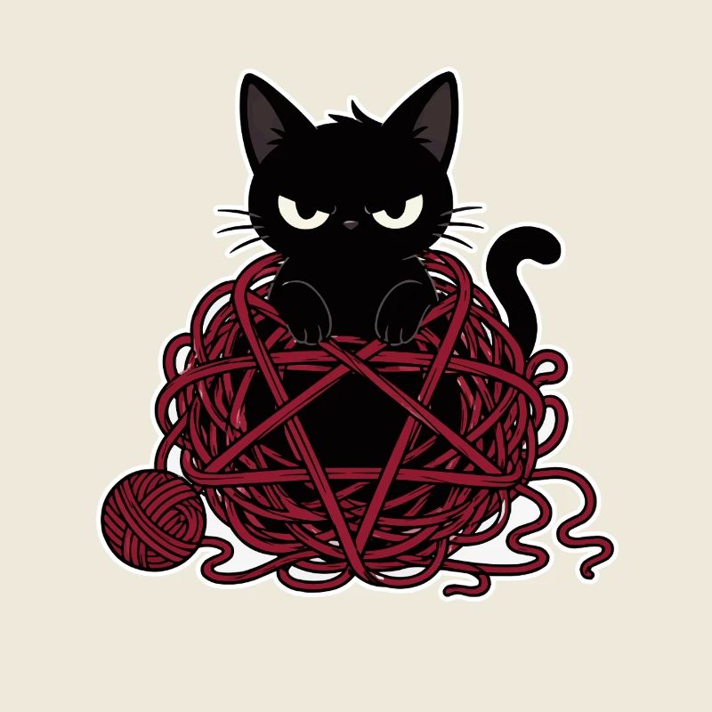 Chat noir dans une pelote de laine rouge
