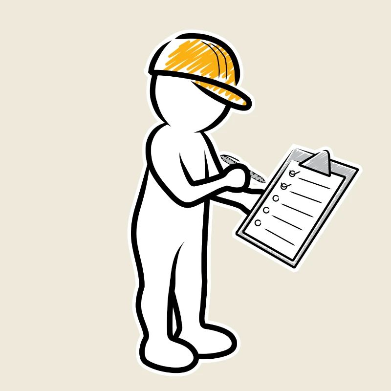 Männchen mit Helm und Checkliste auf Baustelle