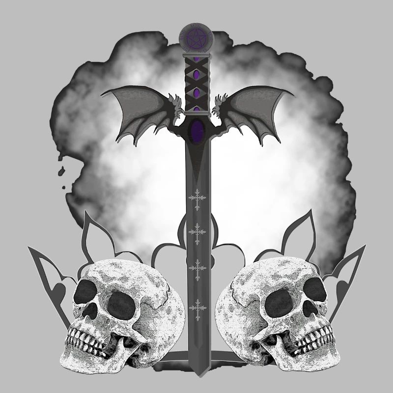 Menschenschädel, Schwerter, Dämonenflügel, vanitas