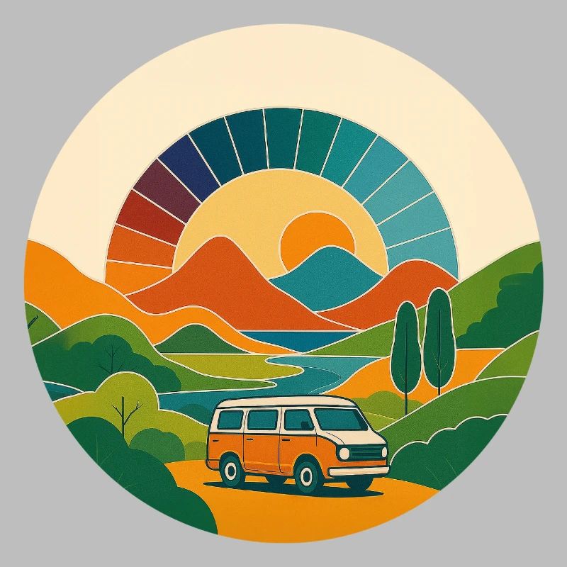 Retro Landschaft mit Van – Reise im Sonnenbogen