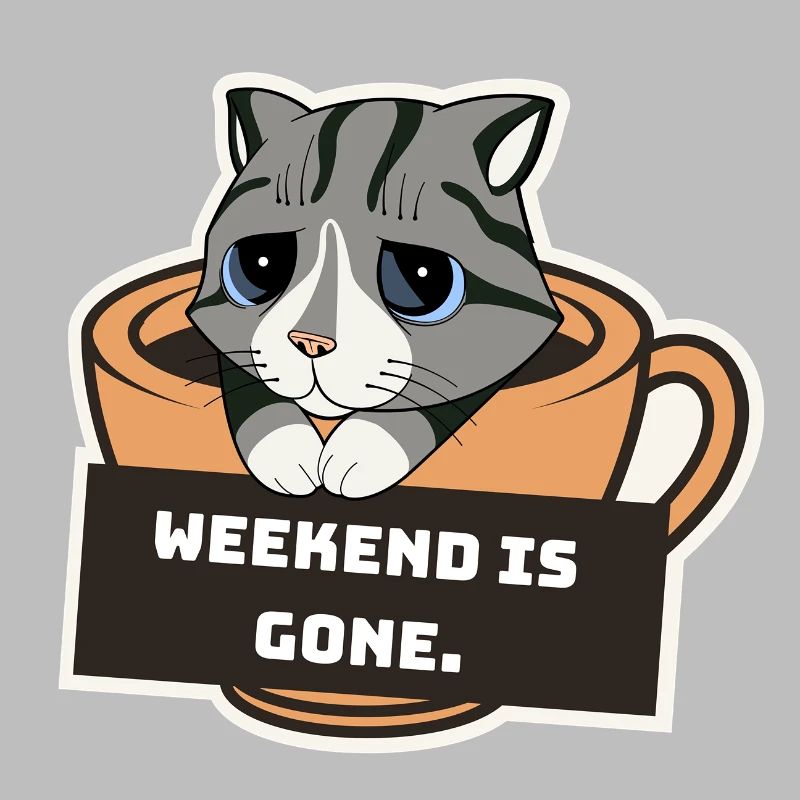 Sad Kitten with Coffee Cup and Weekend Sign