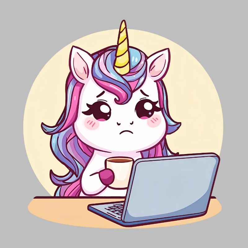 Müdes Einhorn am Laptop mit Kaffee