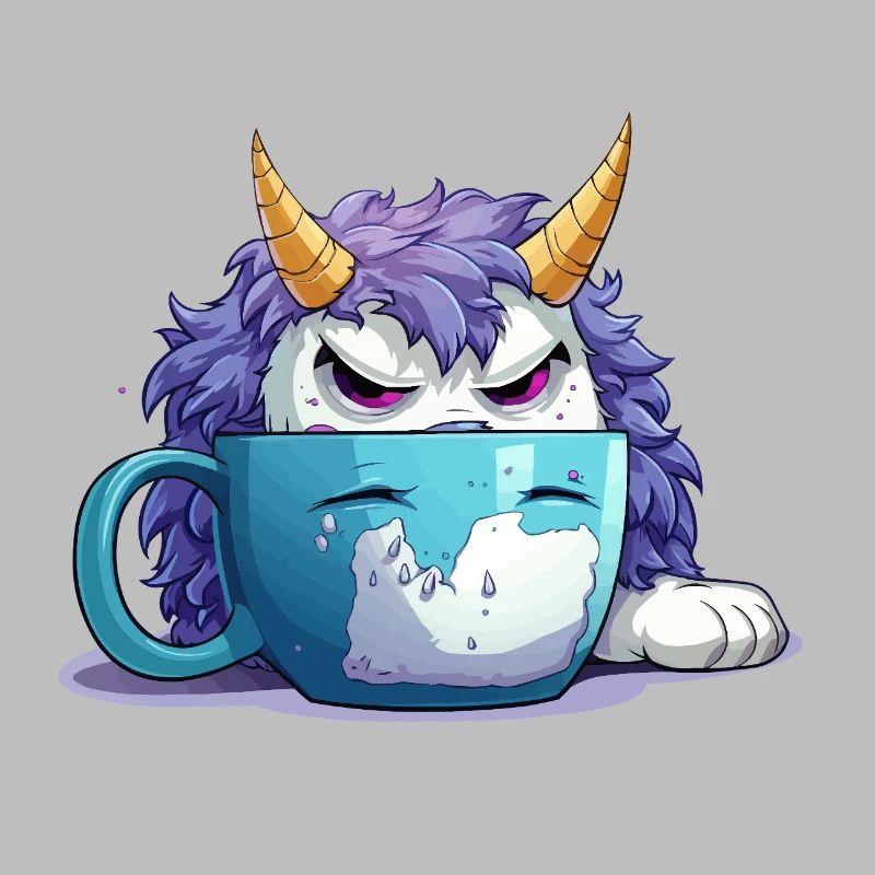 Grumpy monster in a coffee mug