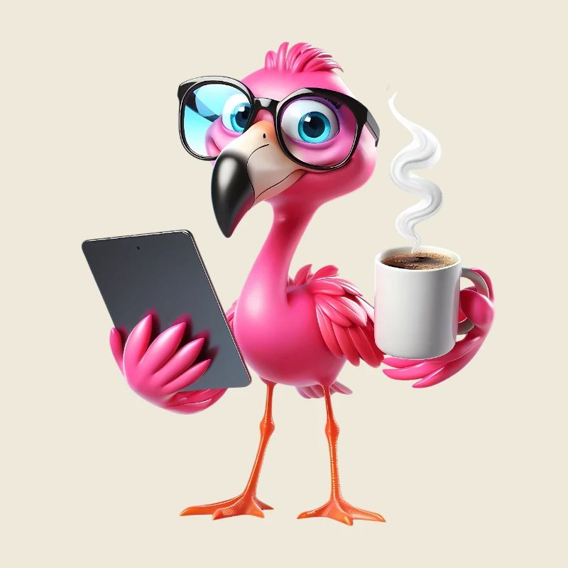 Flamingo im Büro mit Tablet & Kaffee