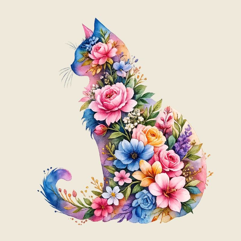 Cat Watercolor Flowers