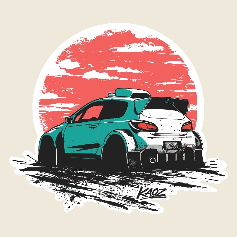 Sketch du coucher de soleil de la voiture de rallye sarcelle