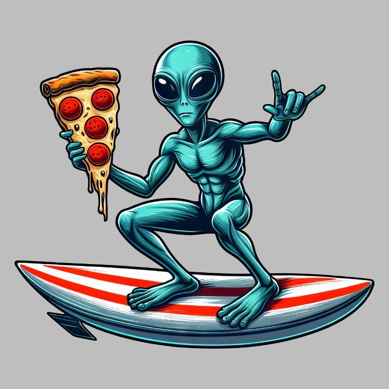 Alien surfer with pizza on surfboard