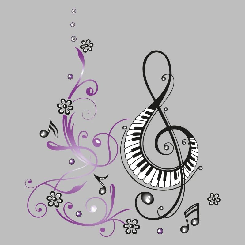 Clef avec piano, fleurs et notes de musique.